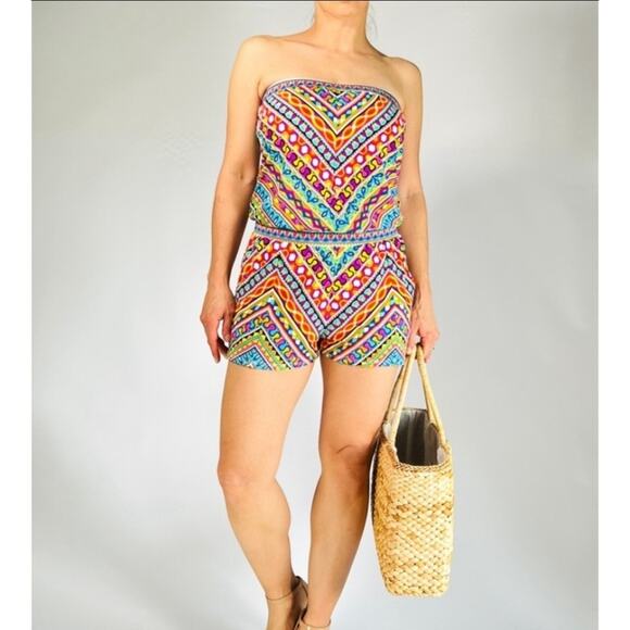 Trina Turk Sz S Peruvian Boho Chic Strapless Swimsuit Cover-Up Bandeau Romper - Picture 1 of 6